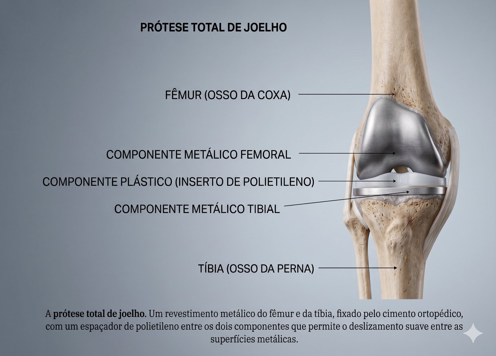 Anatomia da prótese total de joelho mostrando os componentes femoral, tibial e o inserto plástico de polietileno