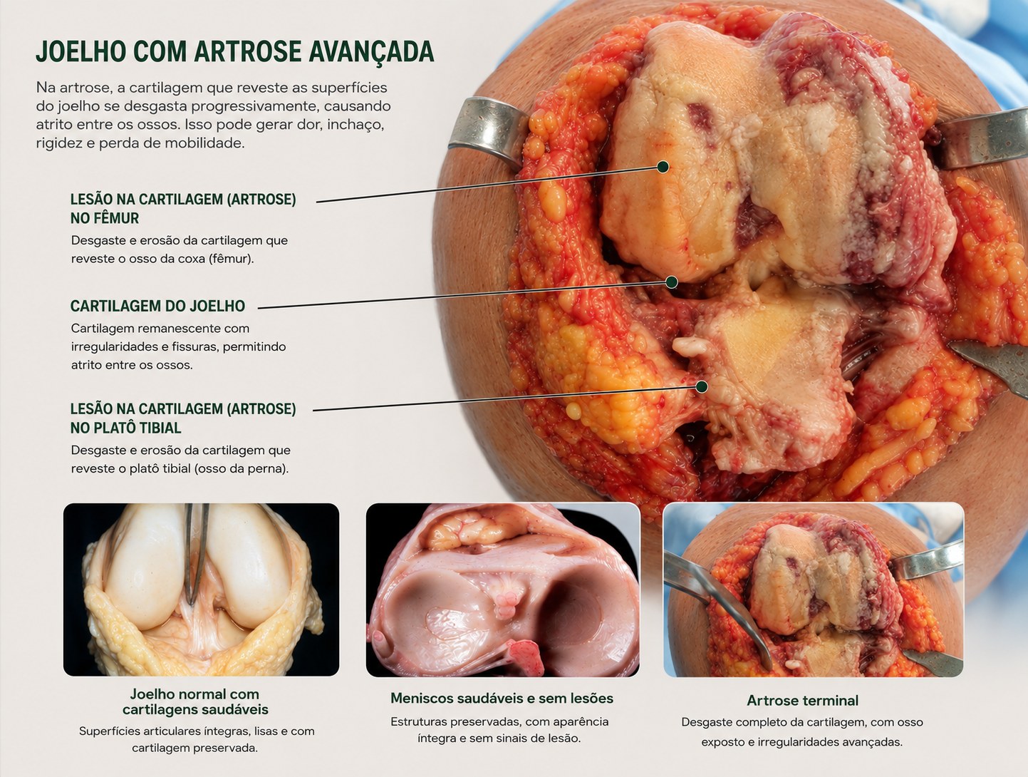 Joelho com artrose avançada — visão intraoperatória mostrando lesões da cartilagem no fêmur e no platô tibial, com painel comparativo de joelho normal, meniscos saudáveis e artrose terminal