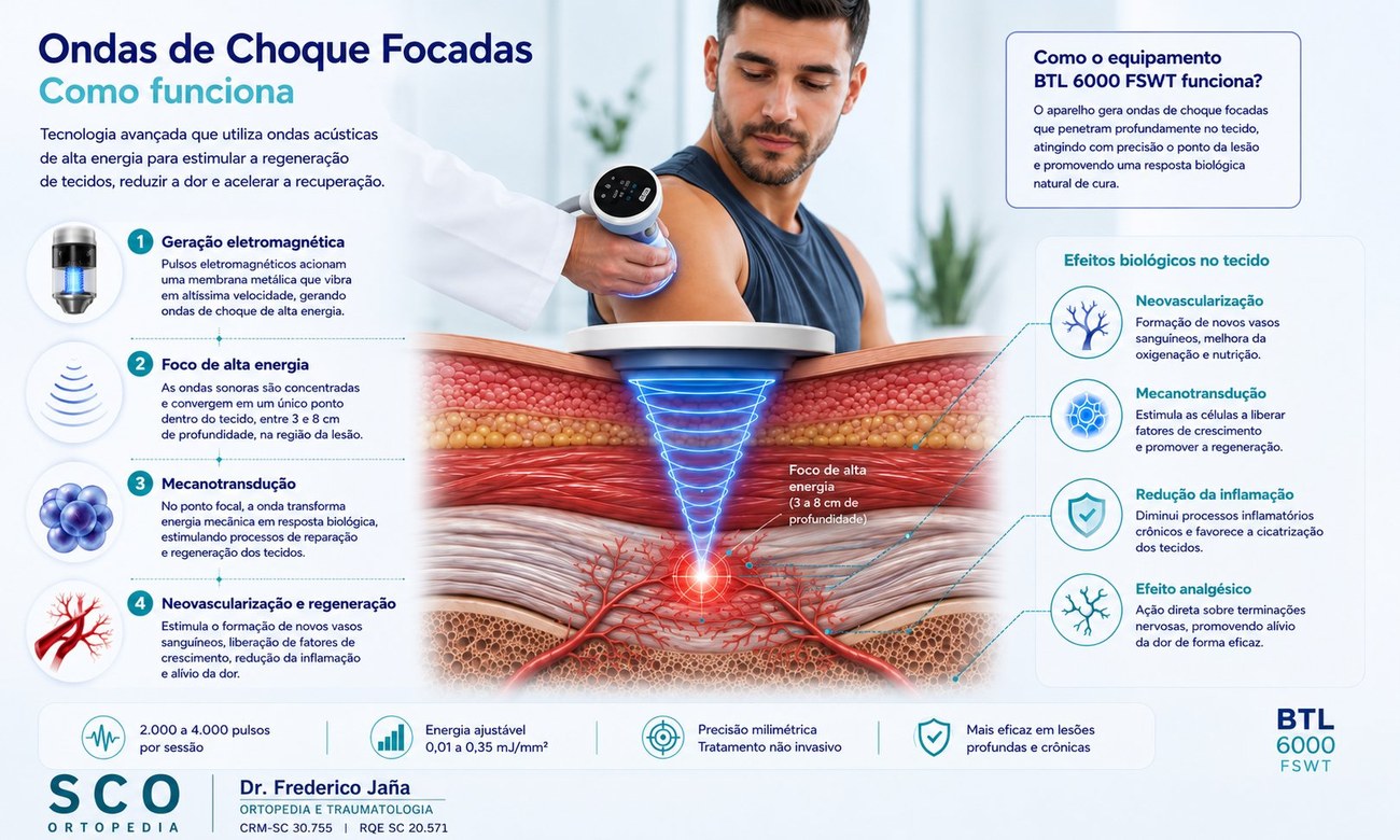 Infográfico explicando como funcionam as ondas de choque focadas: geração eletromagnética, foco de alta energia, mecanotransdução, neovascularização e regeneração