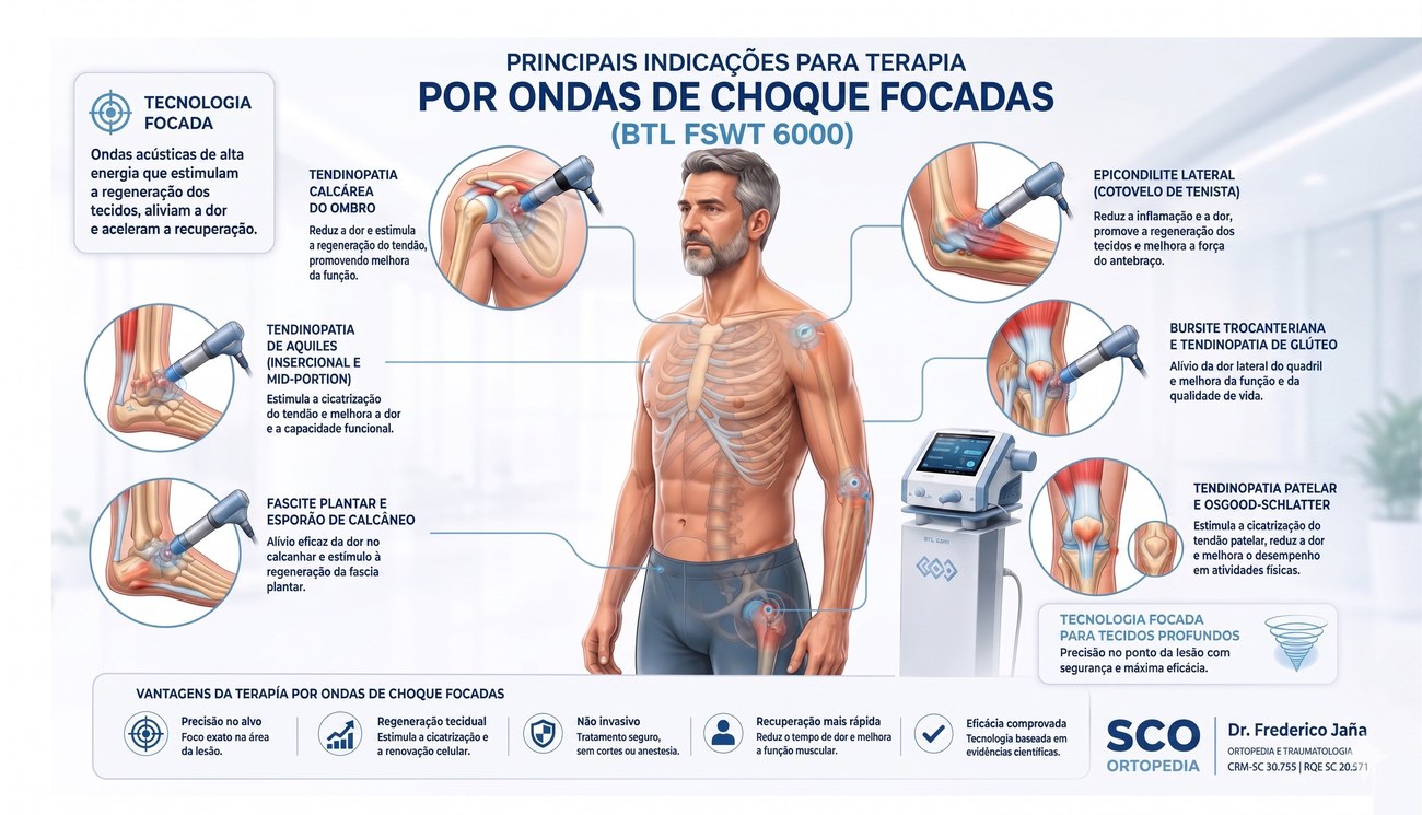 Infográfico das principais indicações para terapia por ondas de choque focadas: tendinopatia calcária do ombro, epicondilite lateral, bursite trocantérica, tendinopatia patelar, tendinopatia de Aquiles, fascite plantar