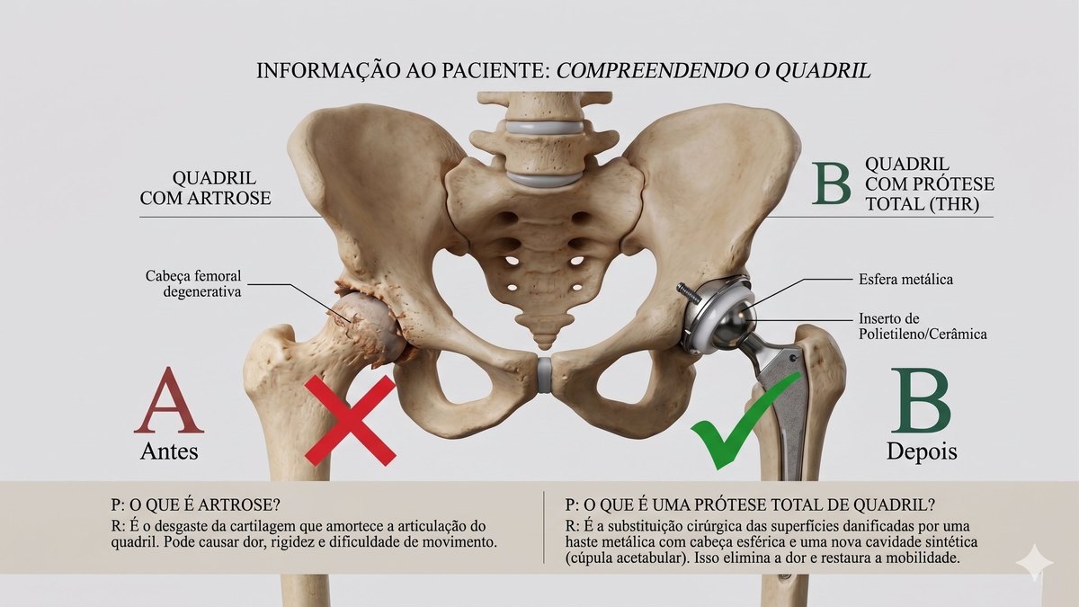 Anatomia comparativa do quadril com artrose e quadril com prótese total instalada