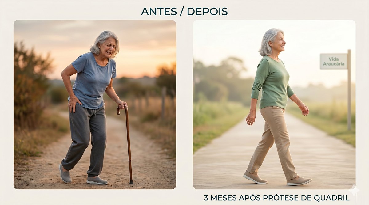 Comparação antes e depois da prótese total de quadril mostrando a transformação após 3 meses
