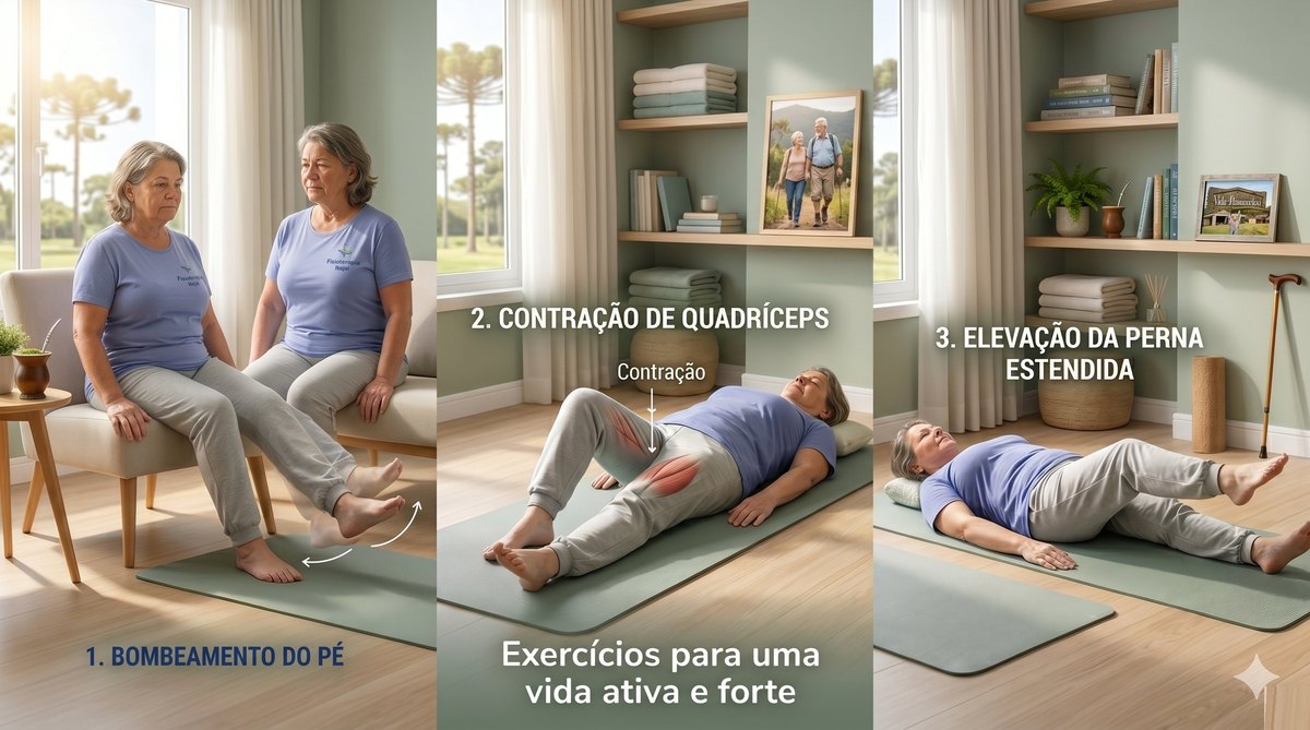 Três exercícios essenciais em casa: bombeamento do pé, contração do quadríceps e elevação da perna estendida
