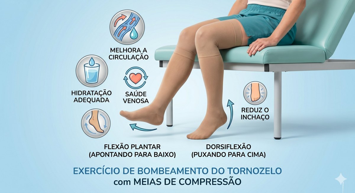 Exercício de bombeamento do tornozelo com meias de compressão para prevenção de trombose