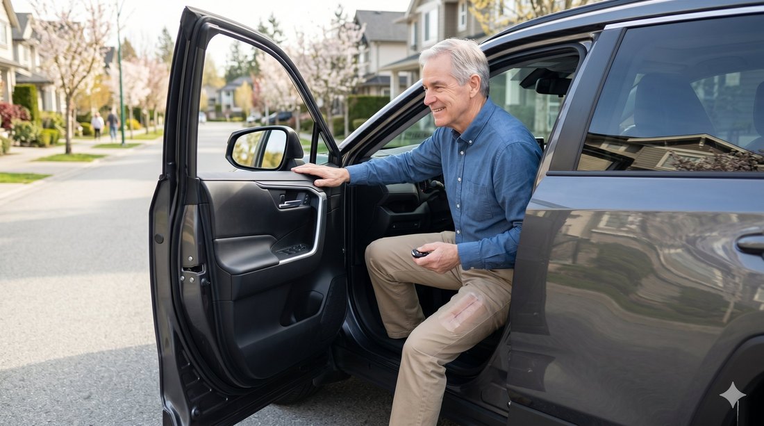 Paciente entrando no carro após recuperação da prótese de quadril