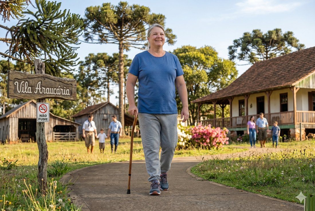 Paciente caminhando ao ar livre com bengala em ambiente tranquilo após prótese de quadril